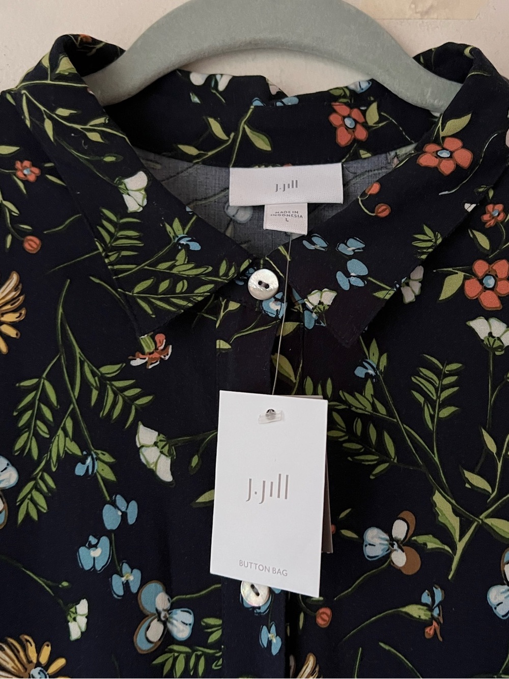 NWT J. Jill Navy Long-Sleeve Button DownFloral Shirt Dress Sz L Removable Belt - Picture 3 of 12